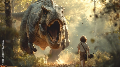 A boy being chased by a giant T-Rex in a woods. Generative AI. © visoot