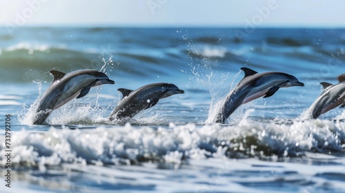 Playful Pod of Dolphins Leaping in Unison AI Generated. © ArquitecAi