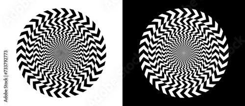 Arrows in circle abstract background. Dynamic transition optical illusion. Black shape on a white background and the same white shape on the black side.