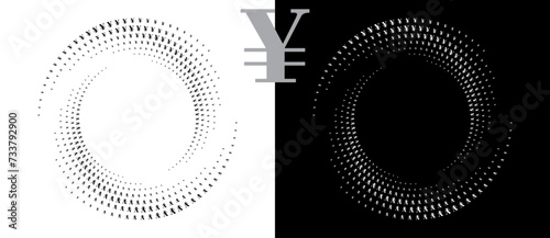 Modern abstract background. Halftone YEN sign in circle form. Round logo. Design element or icon. Black shape on a white background and the same white shape on the black side.