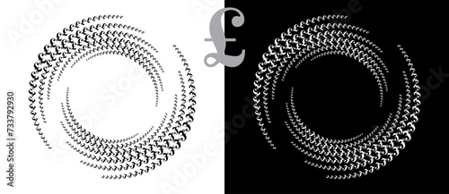 Modern abstract background. Halftone POUND sign in circle form. Round logo. Design element or icon. Black shape on a white background and the same white shape on the black side.