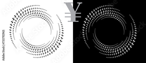 Modern abstract background. Halftone YEN sign in circle form. Round logo. Design element or icon. Black shape on a white background and the same white shape on the black side.