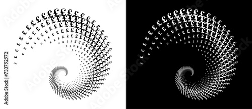 Modern abstract background. Halftone POUND sign in circle form. Round logo. Design element or icon. Black shape on a white background and the same white shape on the black side. photo