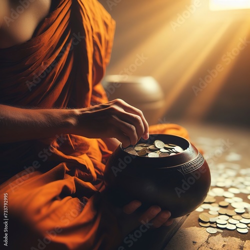Monk alms bowls for coins to make merit and make alms photo