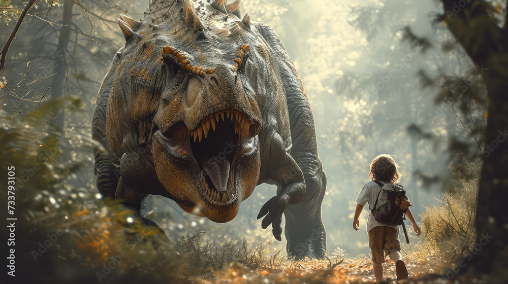 Obraz premium A boy being chased by a giant T-Rex in a woods. Generative AI.