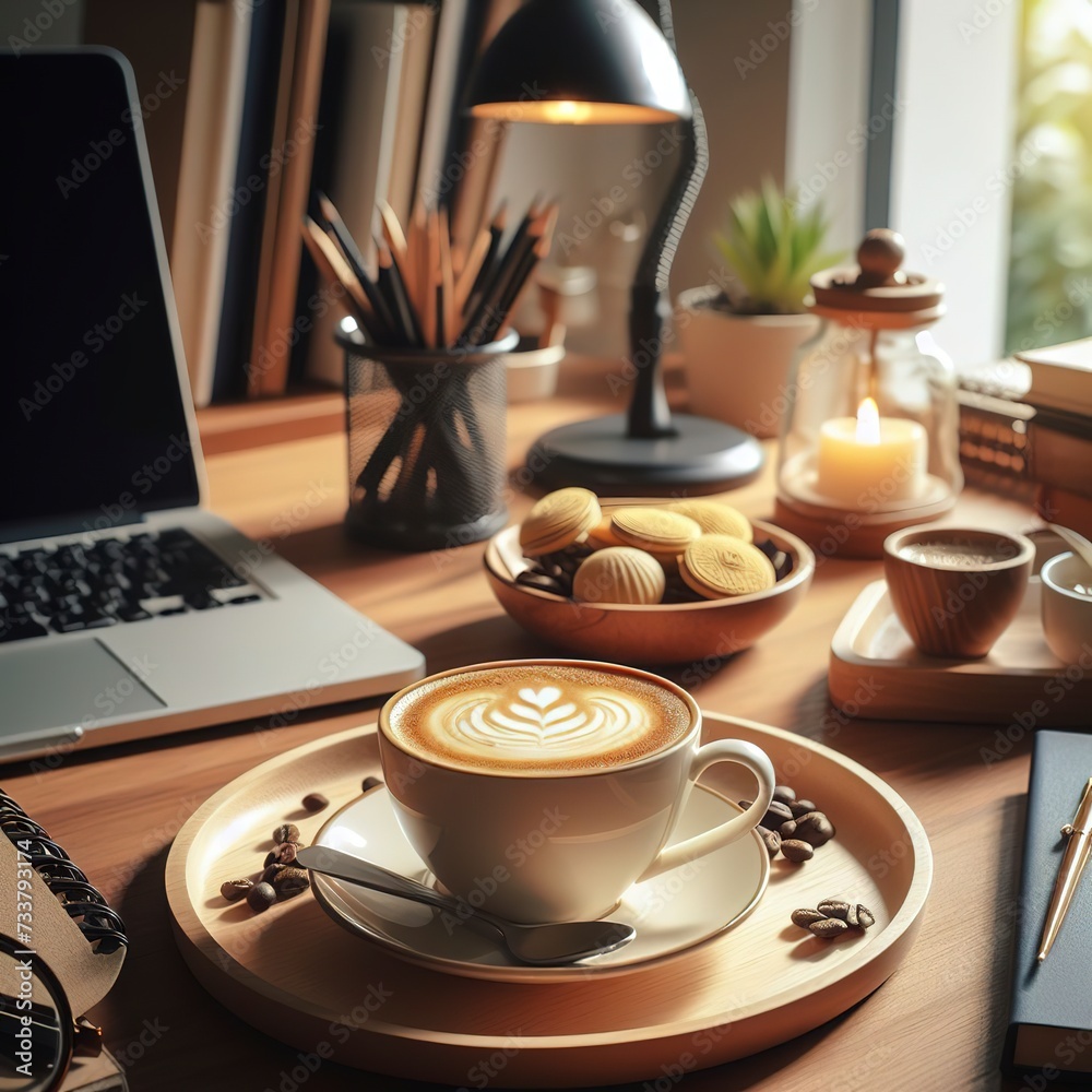 Morning coffee latte on wood desk work from home office, stock photo