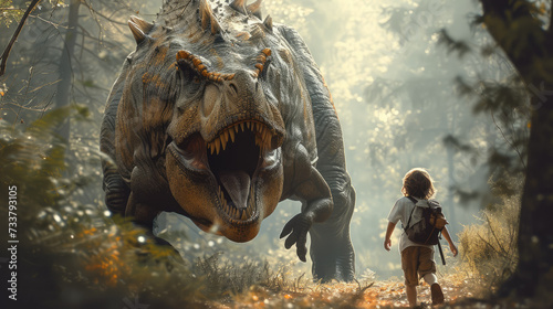 A boy being chased by a giant T-Rex in a woods. Generative AI.