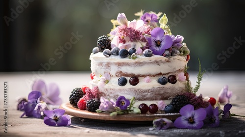 Forest fruit cake with edible flowers