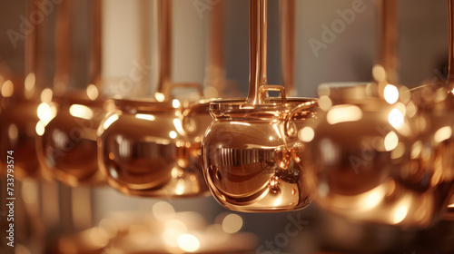 Gourmet Kitchen Ambiance: Shiny Copper Pots Hanging in a Row
