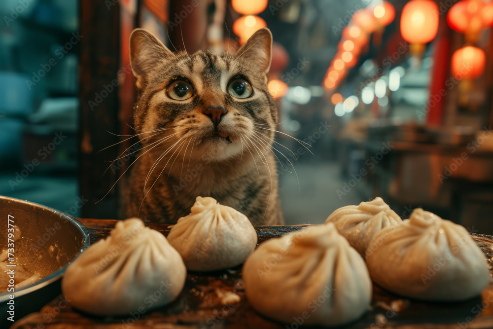Excited Cat with Chinese Dumplings for Fun Pet and Food Photography