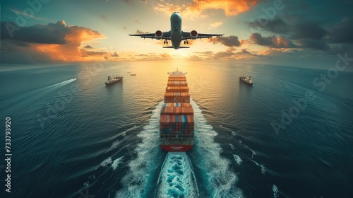 Air, land, sea transportation, cargo ship in a seascape, an airplane flying above. Generative AI.