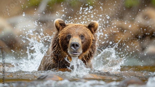 Captivating Moment of Grizzly Bear Catching Fish in Rushing River AI Generated.