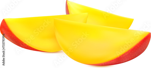 Raw tropical realistic mango fruit slices. Isolated 3d vector vibrant, sun-kissed segments burst with juicy sweetness. The golden flesh, tinged with a hint of citrus, offers a refreshing exotic taste photo