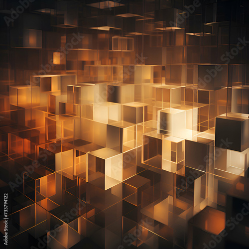 Abstract background with golden glowing cubes. 3D rendering. 3D illustration.