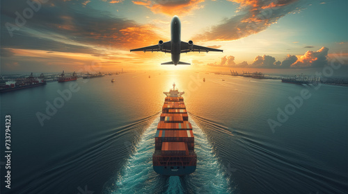 Air, land, sea transportation, cargo ship in a seascape, an airplane flying above. Generative AI.