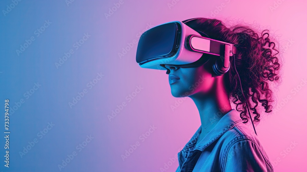 Virtual Reality Experience: Woman with VR Headset on Neon Blue and Pink Backdrop Virtual Reality Experience: Woman with VR Headset on Neon Blue and Pink Backdrop
