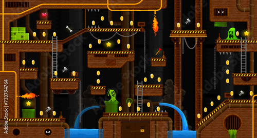 Arcade underground sewage and wastewater game level map interface. Brick platforms and golden coins, stairs, ghosts and toxic waste. Vector 2d ui canalization landscape with bonus assets and monsters