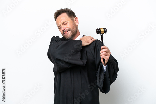 Middle age judge man isolated on white background suffering from pain in shoulder for having made an effort