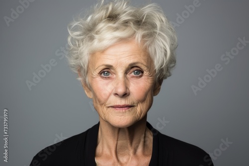 Portrait of a senior woman looking at camera, on grey background © Iigo