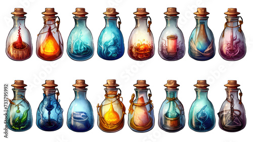 A collection of vibrant, cartoon-styled potion bottles in various colors and bubbling contents. Game design assets, transparent background