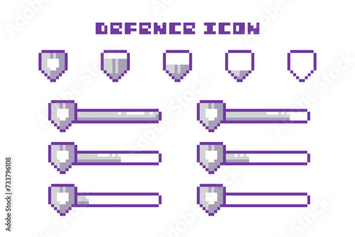 Pixel Art Game Defense Armor Bar Progress and Shield Icons Set. 8 Bit Retro Computer Video Game UI HUD Gray Metal Elements For Status Indicator and Animation. 
