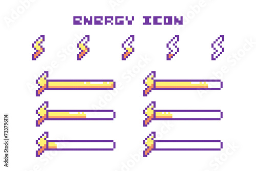 Pixel Art Game Energy Bar Progress and Razor Lightning Icons Set. 8 Bit Retro Computer Video Game UI HUD Yellow Elements For Status Indicator and Animation. 