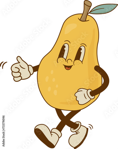 Funny pear mascot isolated on white background. Smiling retro cartoon fruit character vector illustration. Groovy style.