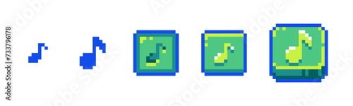 Pixel Music Play Button Icon Set for Retro Game UI. Retro 8-Bit Style Music Note and Audio Soundtrack Buttons	