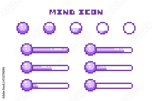 Pixel Art Game Mind Bar Progress and Arcane Power Ball Icons Set. 8 Bit Retro Computer Video Game UI HUD Purple Elements For Status Indicator and Animation. 