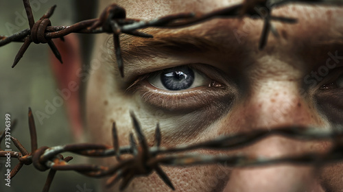 Intense gaze behind barbed wire, symbolizing restriction and the human yearning for freedom.