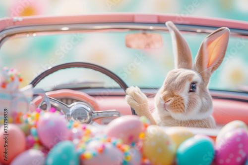 Cute bunny driving pink car full of Easter eggs, funny rabbit character, Easter cartoon Illustration