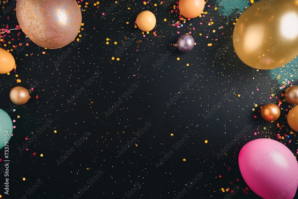 Fototapeta premium flying party and Holiday decoration and balloons with confetti in the air on black