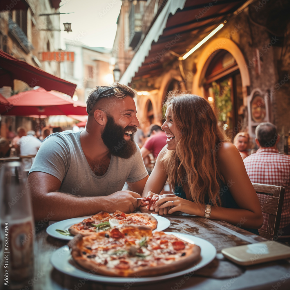 Young adult tourist couple enjoy pizza lunch together in open air pizzeria on the street. Concept of dating and summer holiday vacation man and woman having fun and laughing a lot