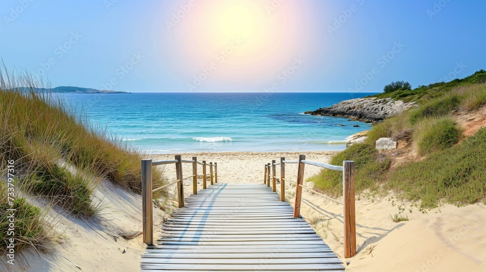 Wooden path at idealistic landscape over sand dunes with ocean view, sunset summer