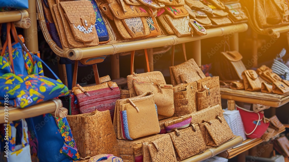 Portuguese goods for tourists, bags and backpacks made of cork and suede on the store