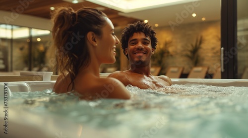 African couple in bath enjoying and relaxing in a pool of luxury hotel © mirifadapt