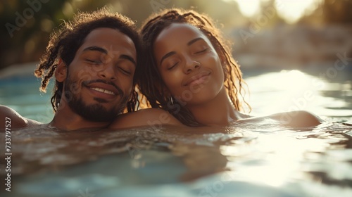 African couple in bath enjoying and relaxing in a pool of luxury hotel