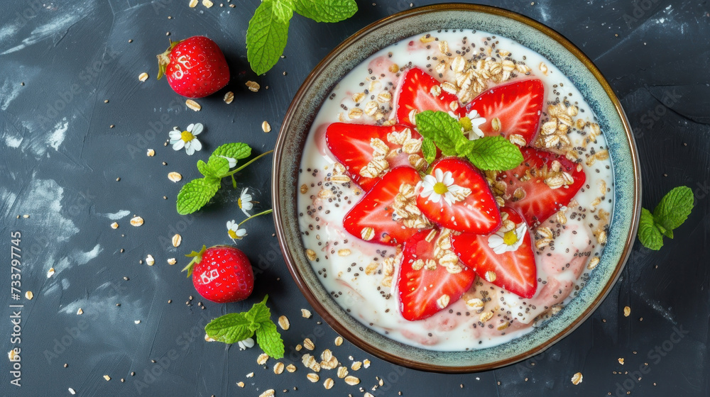 A Bowl of Oatmeal With Strawberries and Mint A Bowl of Oatmeal With Strawberries and Mint