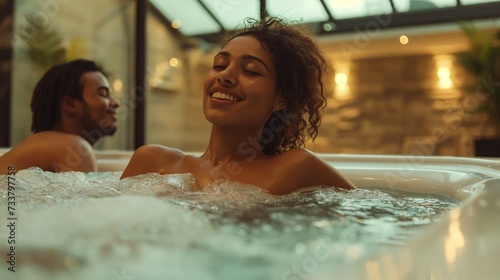 African couple in bath enjoying and relaxing in a pool of luxury hotel © mirifadapt