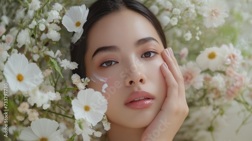 Beautiful young woman touching her face over blooming garden background. Cosmetology   beauty and spa.