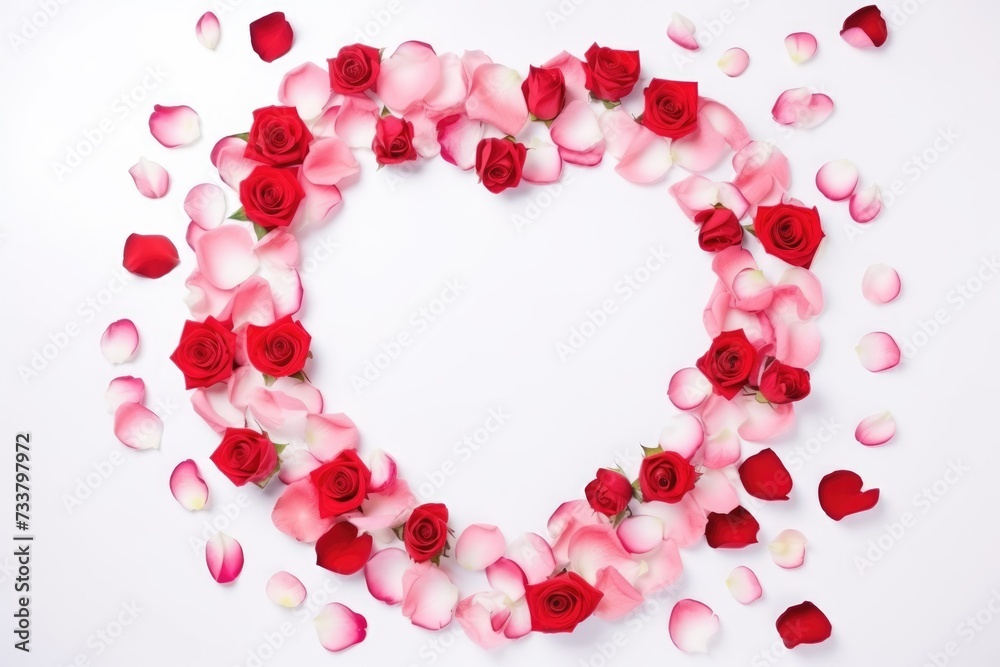 Valentine's Day flowers composition. Heart frame made of rose petals on white background. Flat lay, top view, copy space. Valentine's day, Mother's day, Women's Day, Wedding, love concept