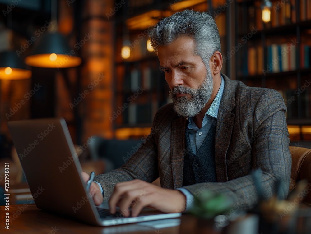 Mature Man using laptop computer in office. middle aged man, entrepreneur Mature Man using laptop computer in office. middle aged man, entrepreneur
