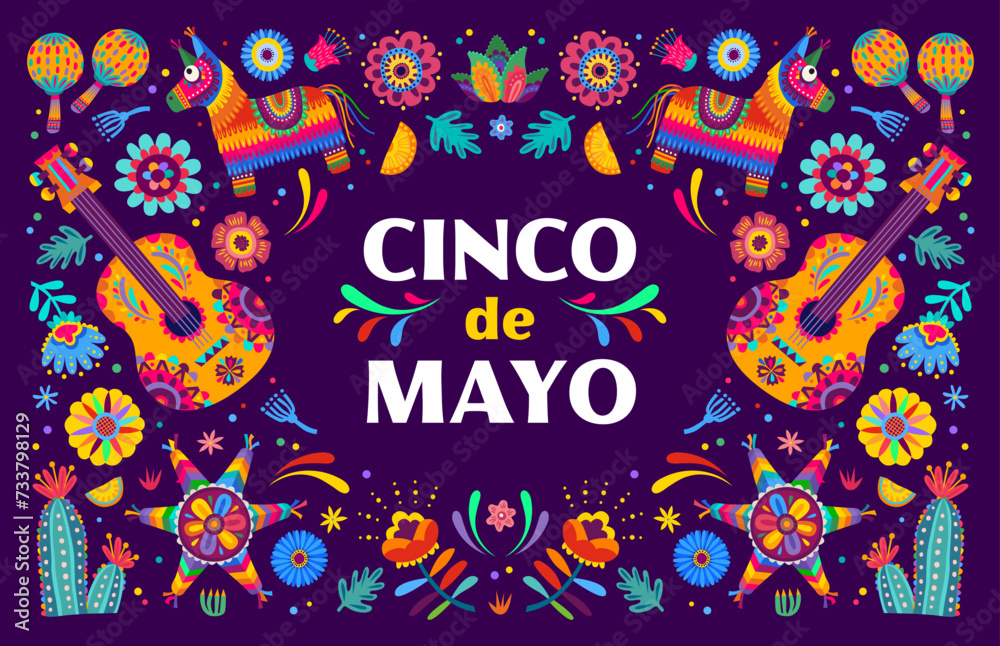 Cinco de mayo banner. Cartoon vector card with Mexican festive items for holiday celebration. Guitar, maracas, pinata and lemon slice, cacti flowers and floral decor in traditional alebrije style