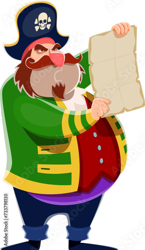 Cartoon pirate captain sailor character with treasures map, vector man personage. Pirate in corsair costume with tricorne hat and skull crossbones, Caribbean adventure character of sea filibuster