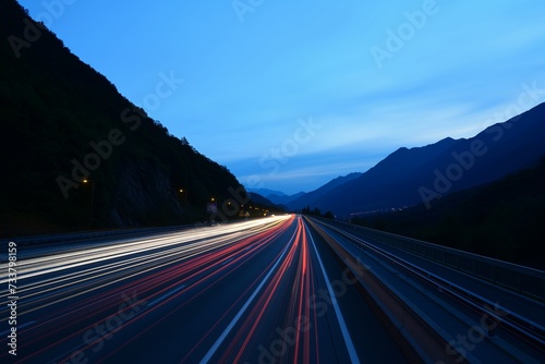 white and red traces of light from moving cars on highway at night, mountain landscape, fast moving © mirifadapt