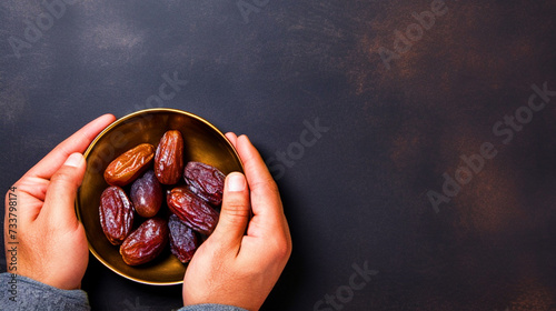 Hands holding dates in a bowl top view - ai generative photo