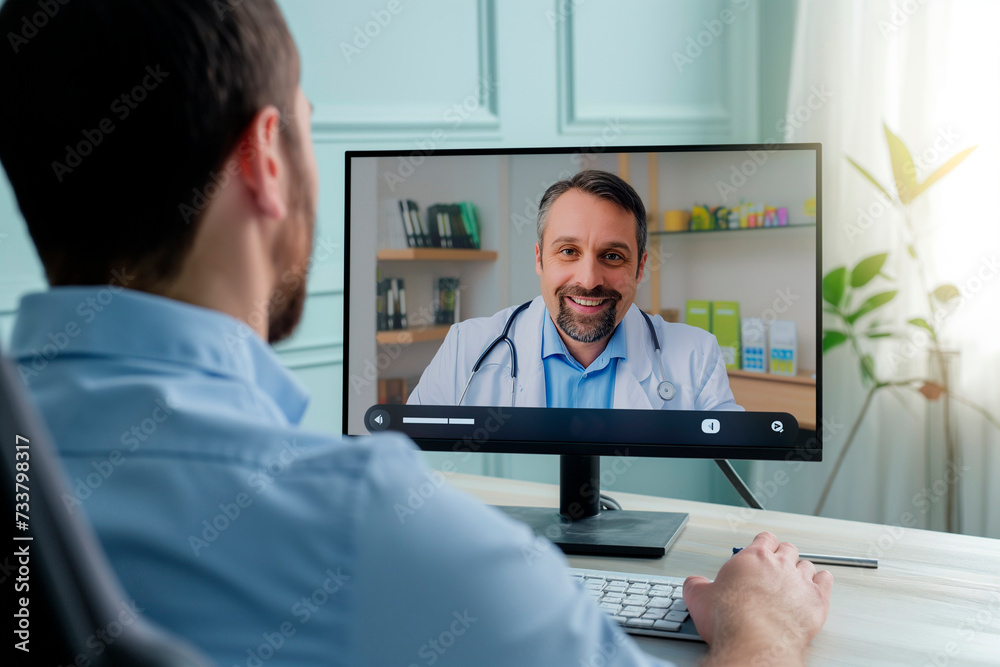 Fototapeta premium doctor talking from his work computer using online video chat, concept of medicine and consultations over the Internet
