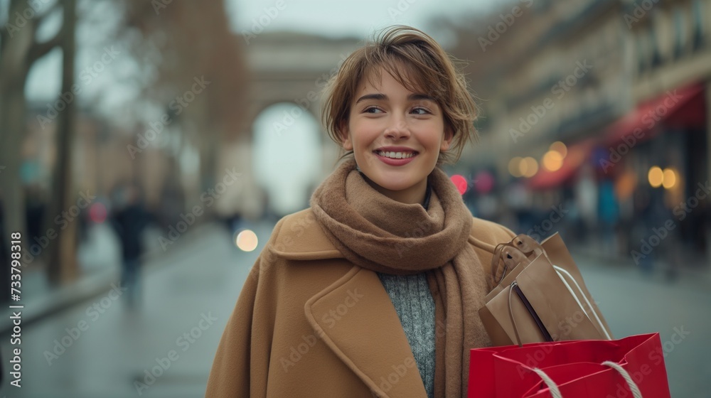 woman walking and holding shopping bags in front of Arc de Triomphe while shopping on Champs-Elysees, Paris, France. woman walking and holding shopping bags in front of Arc de Triomphe while shopping on Champs-Elysees, Paris, France.