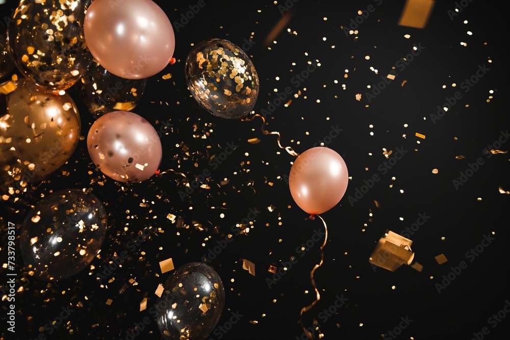 flying party and Holiday decoration and balloons with confetti in the air on black flying party and Holiday decoration and balloons with confetti in the air on black