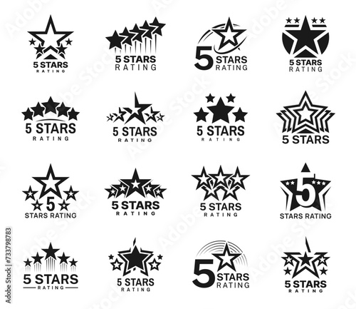 Five star rating, best award or review icons for service satisfaction and opinion, vector symbols. 5 five star top rank or top favorite and high quality feedback and positive opinion rating icons